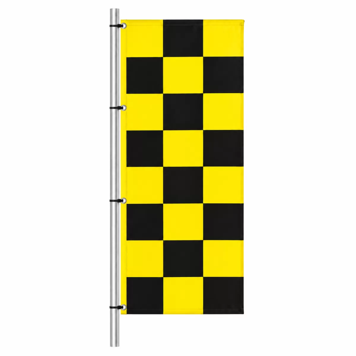 Black and yellow checkered drape flag mounted vertically on a pole