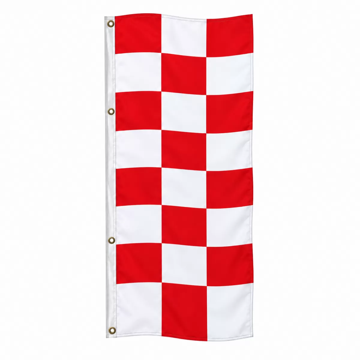 Red and white checkered drape flag with a white header and four grommets