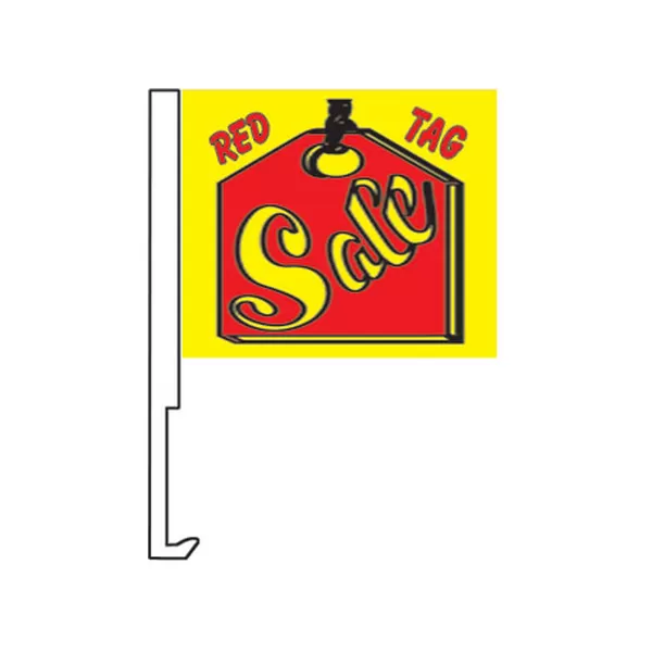 Red Tag Sale Tag Graphic clip-on car window flag on a white plastic staff
