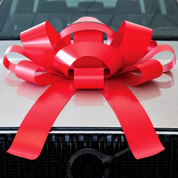30-inch red magnetic car bow with two long vinyl ribbon tails