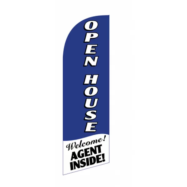 Blue 6 ft Open House feather flag with white lettering and Welcome! Agent Inside! message