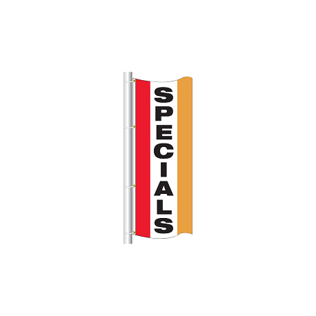 3x8 drape flag - style sp specials - single sided - colors are red, white center panel, spanish yellow, grommets on the top and