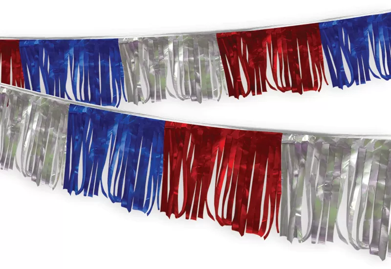 60 ft red, silver & blue metallic hula fringe streamer