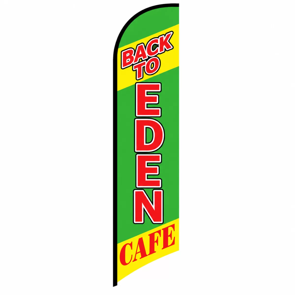 Green Back to Eden Cafe feather flag with red lettering and yellow accent bands