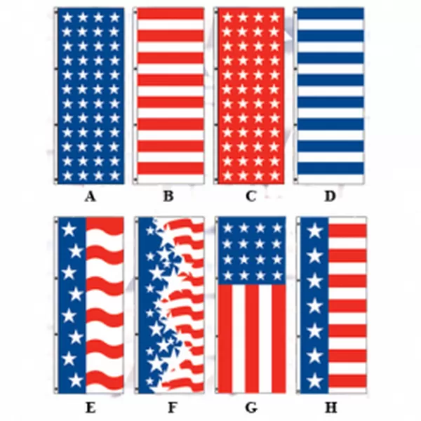 American drape flag chart showing styles A through H; Style F: waving stars and stripes