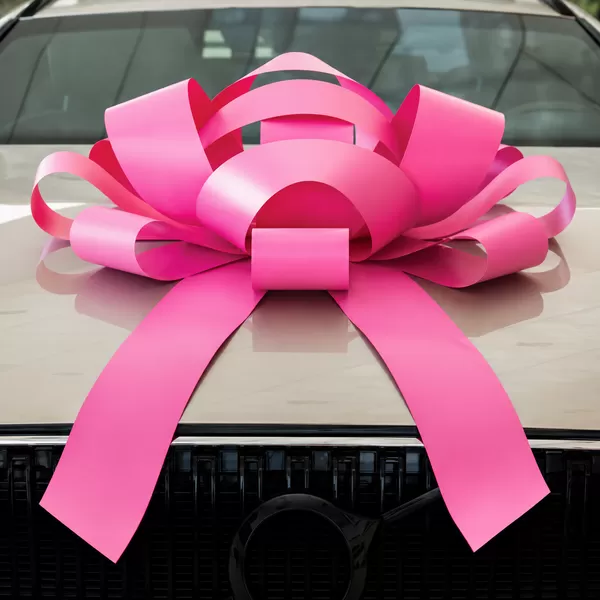30-inch pink magnetic car bow with two long vinyl ribbon tails