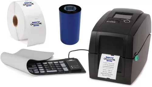 GoDex RT200i oil change sticker printer bundle with keyboard, ribbon and label roll