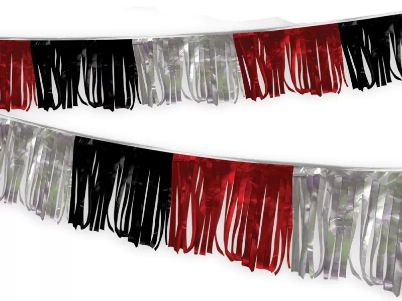 60 ft black, silver & red metallic hula fringe streamer