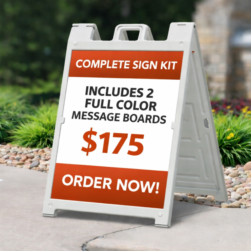 White Signicade A-frame sidewalk sign with custom full-color sign boards