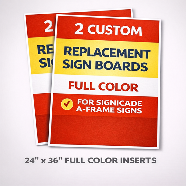 Two custom full-color replacement sign boards for a Signicade A-frame