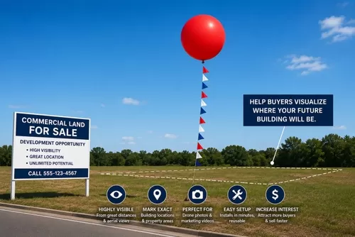 Future Building Site Marker Kit – 5` Helium Balloon & 100` Pennant Streamer