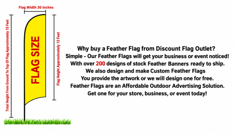 Full-size feather flag size illustration: 30 inches wide, approximately 12 feet tall and 15 feet installed