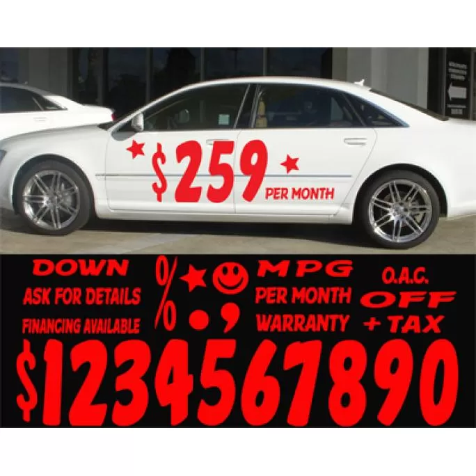 EZ110R red Impact vinyl numbers and sales-message decals with vehicle application example