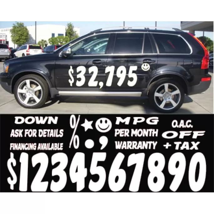 EZ110W white Impact vinyl numbers and sales-message decals with vehicle application example