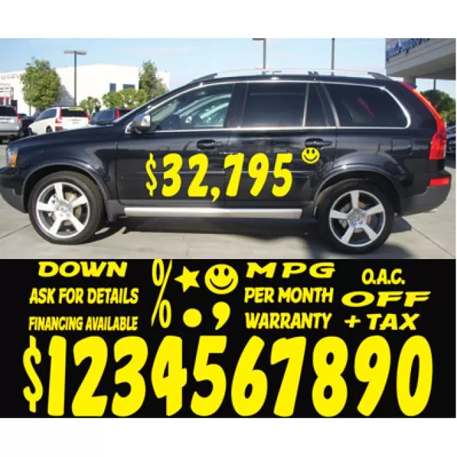EZ110Y yellow Impact vinyl numbers and sales-message decals with vehicle application example